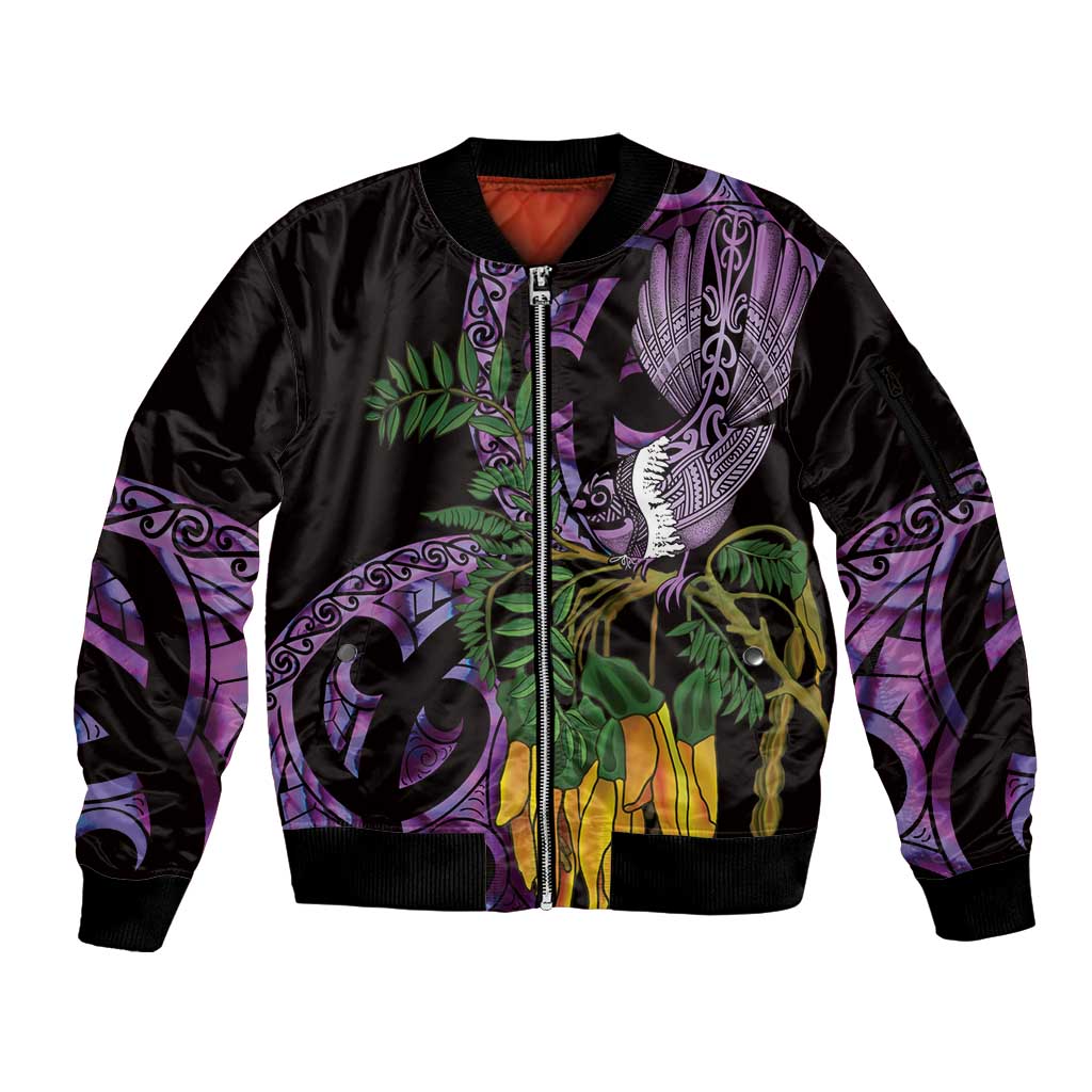 Purple New Zealand Kowhai And Piwakawaka Sleeve Zip Bomber Jacket Maori Ngaru Paua Shell LT14 Unisex Purple - Polynesian Pride