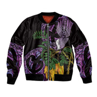 Purple New Zealand Kowhai And Piwakawaka Sleeve Zip Bomber Jacket Maori Ngaru Paua Shell LT14 Unisex Purple - Polynesian Pride