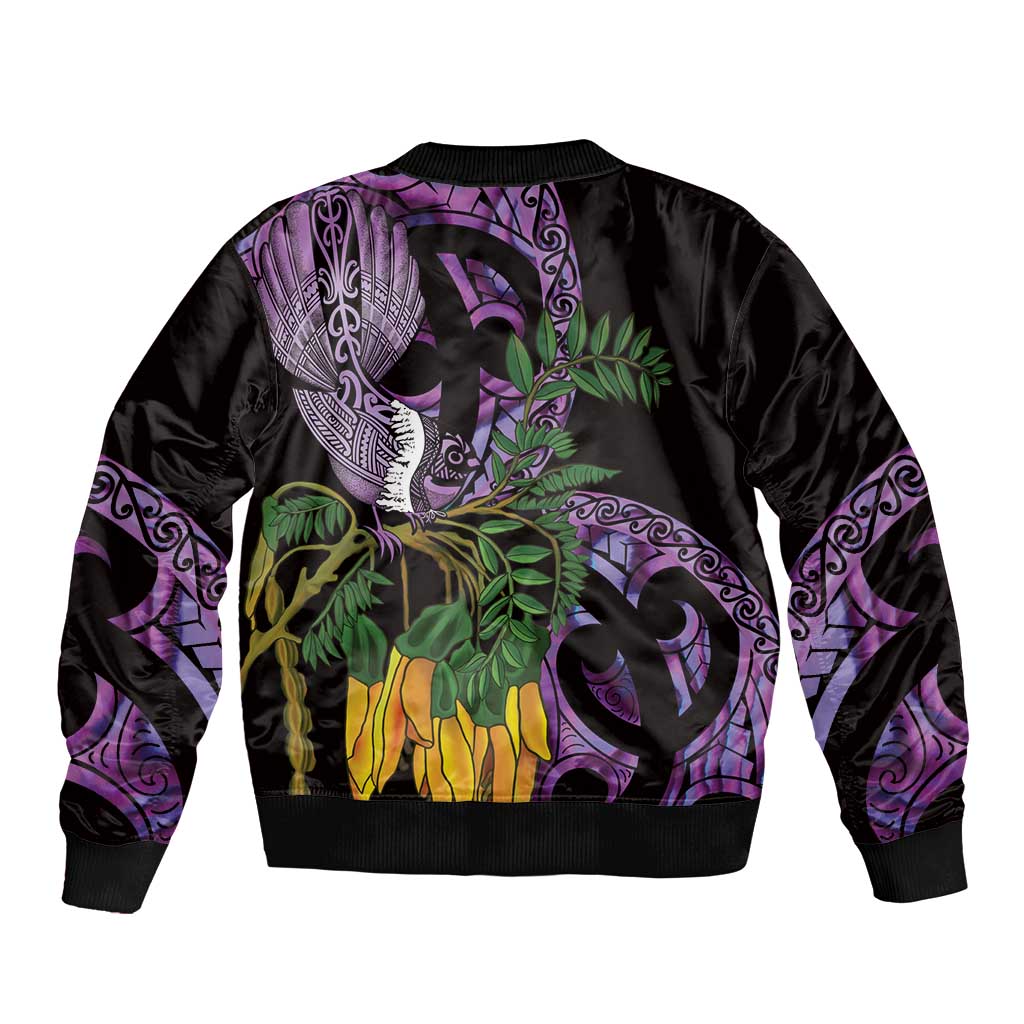 Purple New Zealand Kowhai And Piwakawaka Sleeve Zip Bomber Jacket Maori Ngaru Paua Shell LT14 - Polynesian Pride