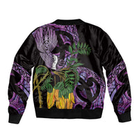 Purple New Zealand Kowhai And Piwakawaka Sleeve Zip Bomber Jacket Maori Ngaru Paua Shell LT14 - Polynesian Pride