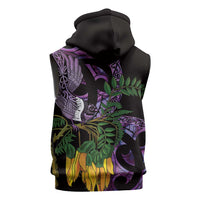 Purple New Zealand Kowhai And Piwakawaka Sleeveless Hoodie Maori Ngaru Paua Shell - Polynesian Pride