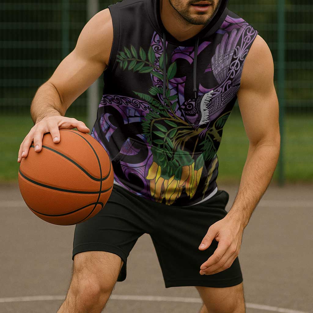 Purple New Zealand Kowhai And Piwakawaka Sleeveless Hoodie Maori Ngaru Paua Shell - Polynesian Pride