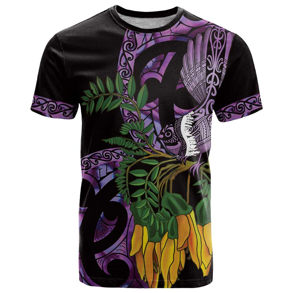 Purple New Zealand Kowhai And Piwakawaka T Shirt Maori Ngaru Paua Shell