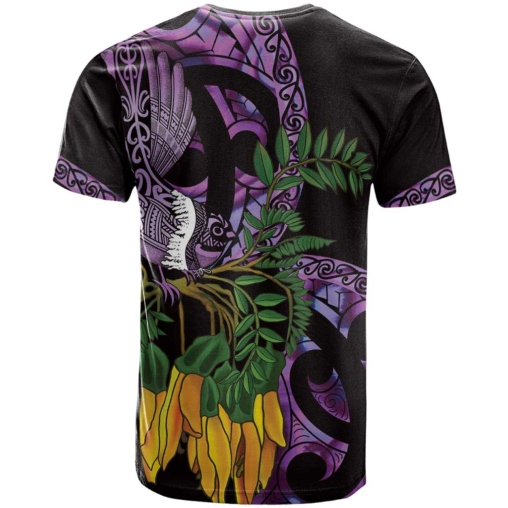 Purple New Zealand Kowhai And Piwakawaka T Shirt Maori Ngaru Paua Shell LT14 - Polynesian Pride