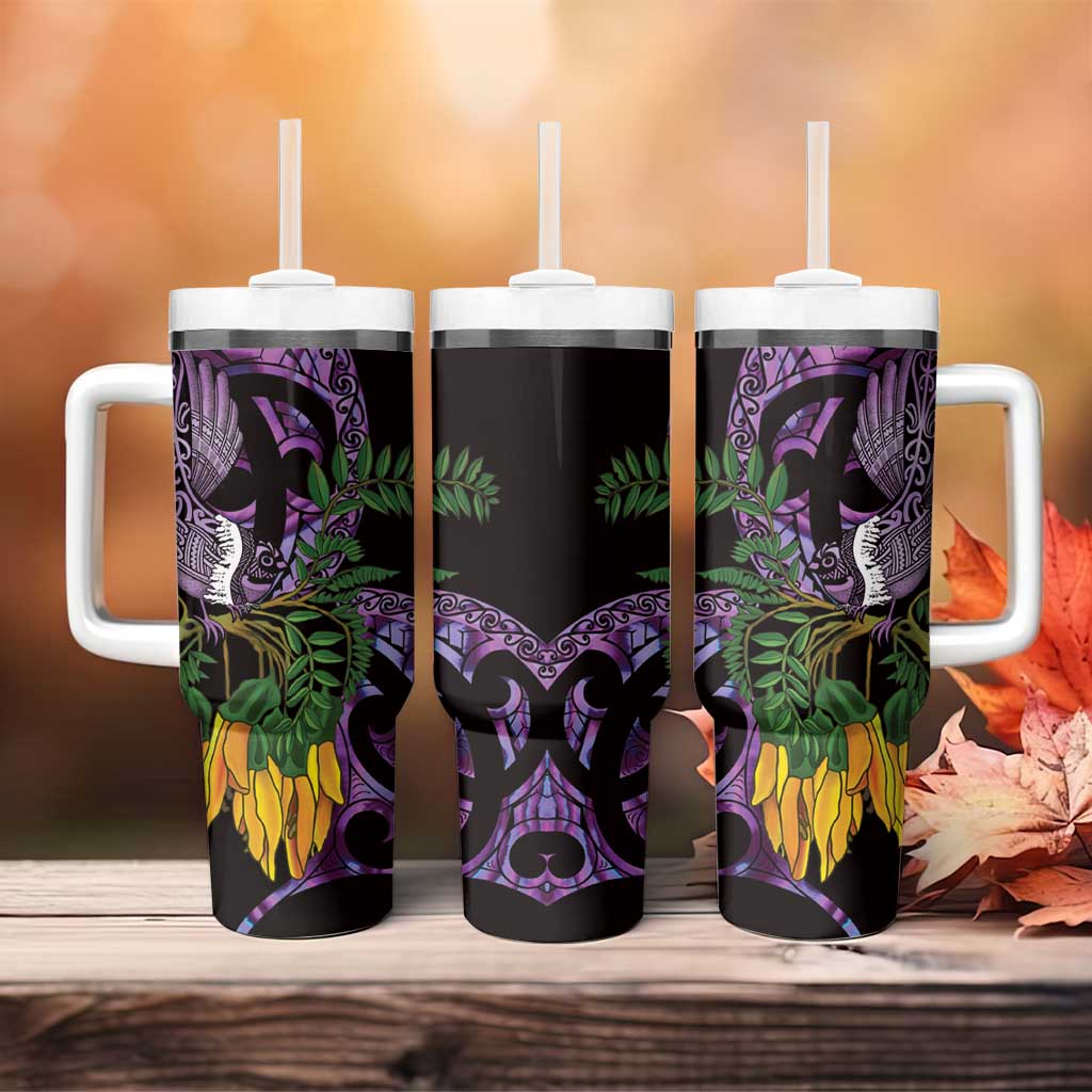 Purple New Zealand Kowhai And Piwakawaka Tumbler With Handle Maori Ngaru Paua Shell