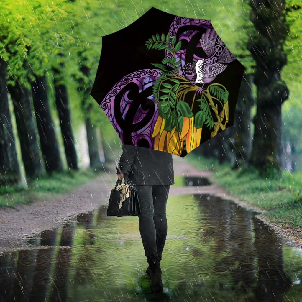 Purple New Zealand Kowhai And Piwakawaka Umbrella Maori Ngaru Paua Shell - Polynesian Pride