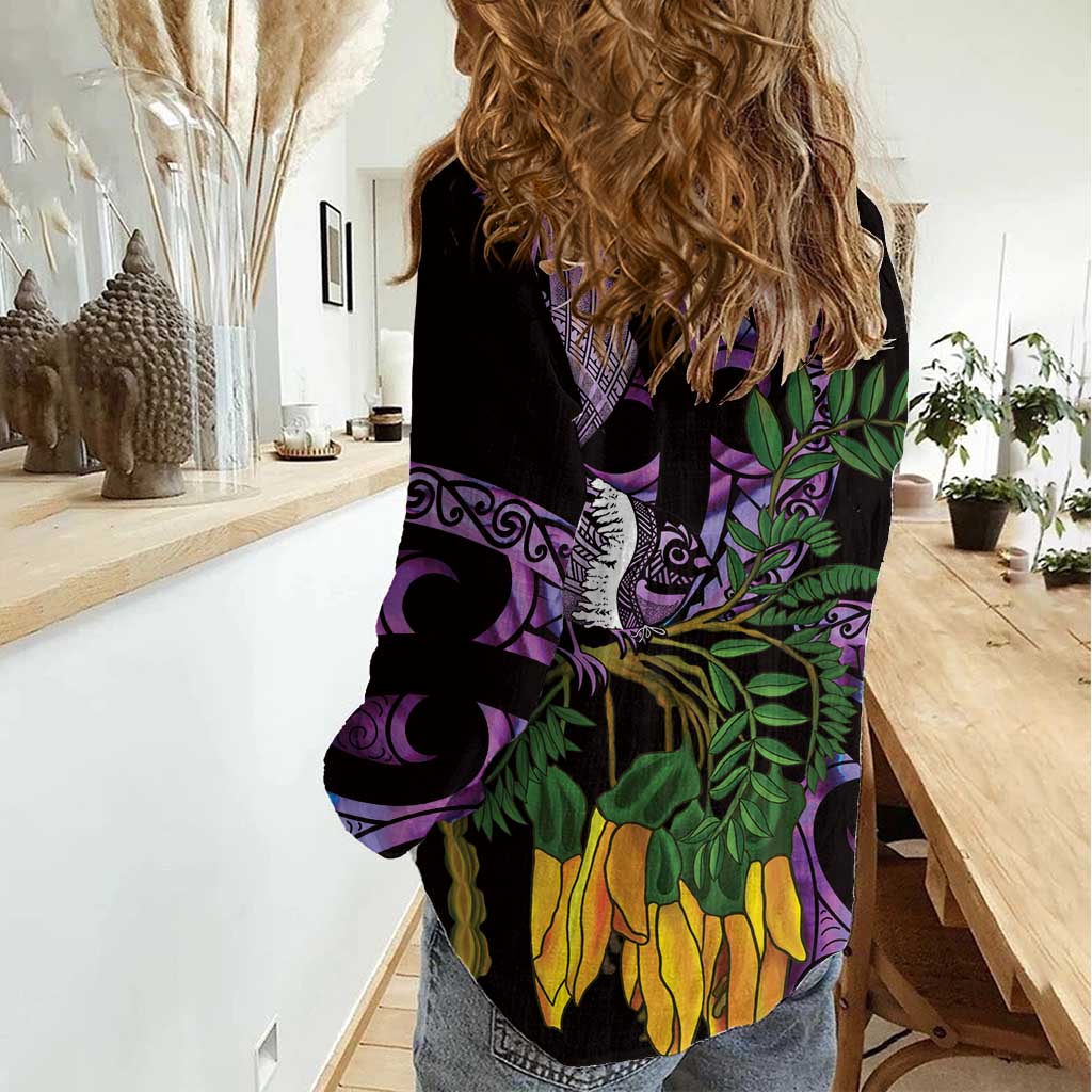 Purple New Zealand Kowhai And Piwakawaka Women Casual Shirt Maori Ngaru Paua Shell