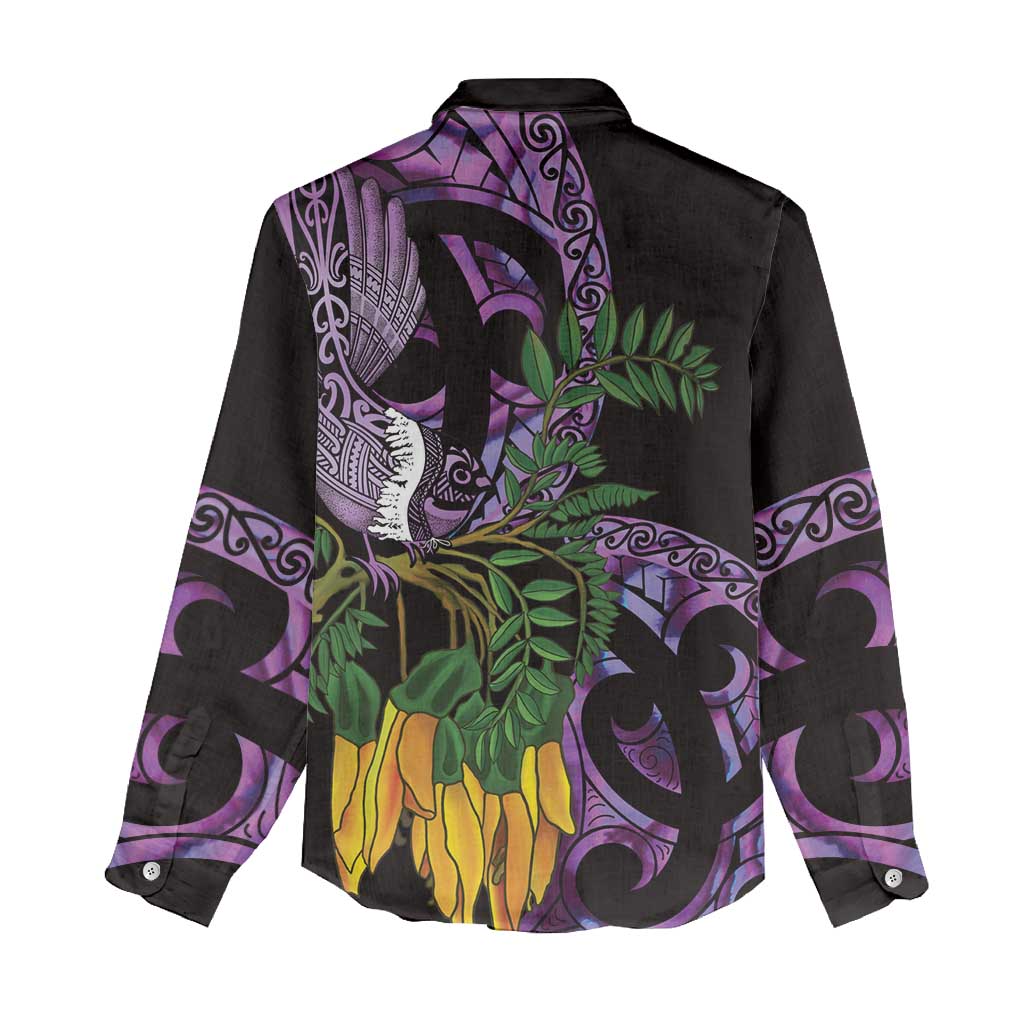 Purple New Zealand Kowhai And Piwakawaka Women Casual Shirt Maori Ngaru Paua Shell
