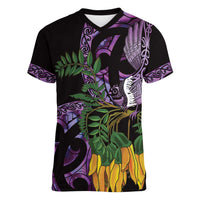Purple New Zealand Kowhai And Piwakawaka Women V-Neck T-Shirt Maori Ngaru Paua Shell LT14 Female Purple - Polynesian Pride