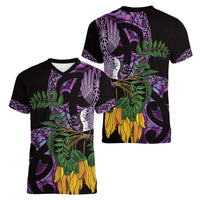 Purple New Zealand Kowhai And Piwakawaka Women V-Neck T-Shirt Maori Ngaru Paua Shell LT14 - Polynesian Pride