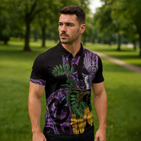 Purple New Zealand Kowhai And Piwakawaka Zipper Polo Shirt Maori Ngaru Paua Shell - Polynesian Pride