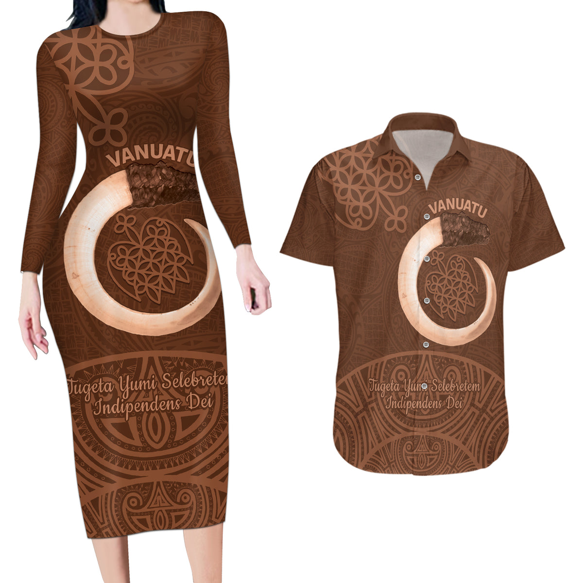 Vanuatu Indipendens Dei Couples Matching Long Sleeve Bodycon Dress and Hawaiian Shirt Yumi Sand Drawing Turtle Mix Lapita LT14 Brown - Polynesian Pride