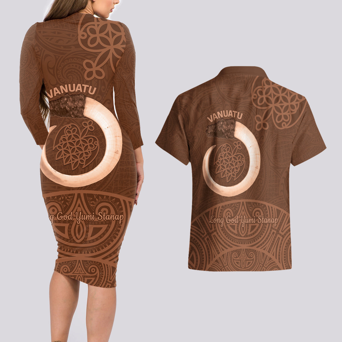 Vanuatu Indipendens Dei Couples Matching Long Sleeve Bodycon Dress and Hawaiian Shirt Yumi Sand Drawing Turtle Mix Lapita LT14 - Polynesian Pride