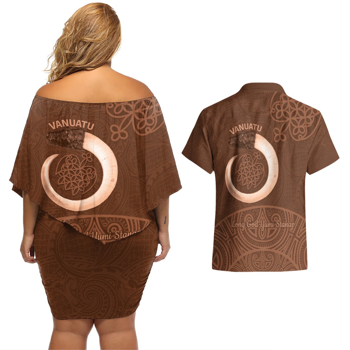 Vanuatu Indipendens Dei Couples Matching Off Shoulder Short Dress and Hawaiian Shirt Yumi 44th Sand Drawing Turtle Mix Lapita