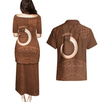 Vanuatu Indipendens Dei Couples Matching Puletasi and Hawaiian Shirt Yumi 44th Sand Drawing Turtle Mix Lapita