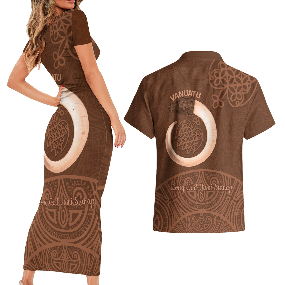 Vanuatu Indipendens Dei Couples Matching Short Sleeve Bodycon Dress and Hawaiian Shirt Yumi Sand Drawing Turtle Mix Lapita LT14 - Polynesian Pride