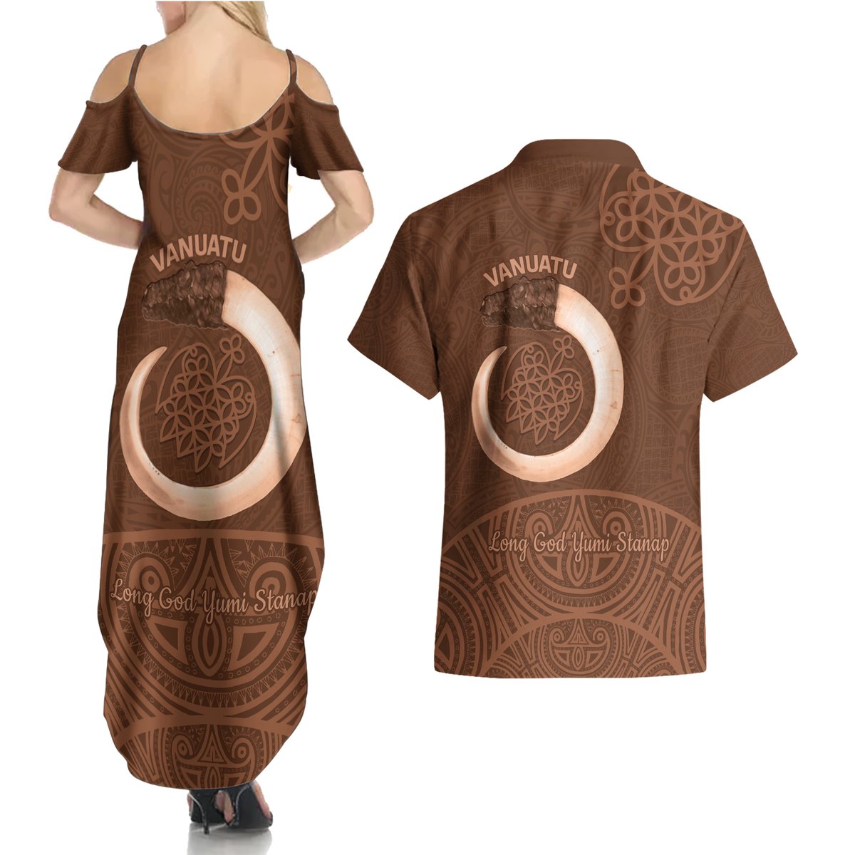 Vanuatu Indipendens Dei Couples Matching Summer Maxi Dress and Hawaiian Shirt Yumi 44th Sand Drawing Turtle Mix Lapita