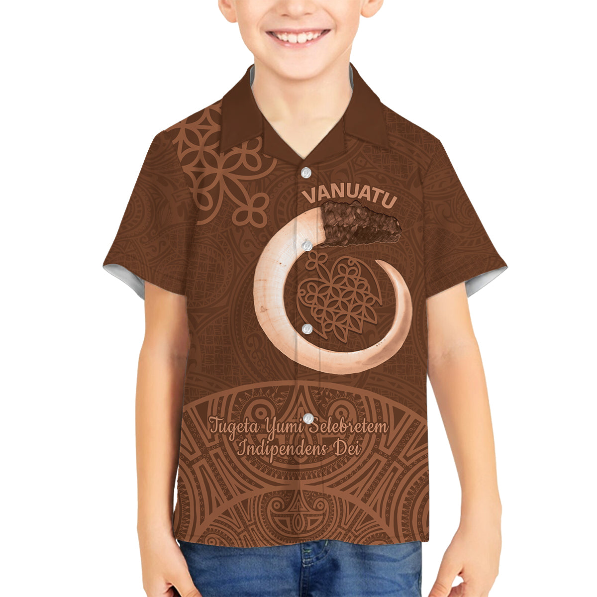 Vanuatu Indipendens Dei Family Matching Long Sleeve Bodycon Dress and Hawaiian Shirt Yumi Sand Drawing Turtle Mix Lapita LT14 Son's Shirt Brown - Polynesian Pride