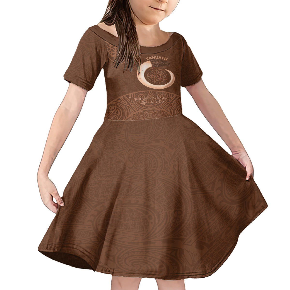 Vanuatu Indipendens Dei Family Matching Short Sleeve Bodycon Dress and Hawaiian Shirt Yumi Sand Drawing Turtle Mix Lapita LT14 Daughter's Dress Brown - Polynesian Pride