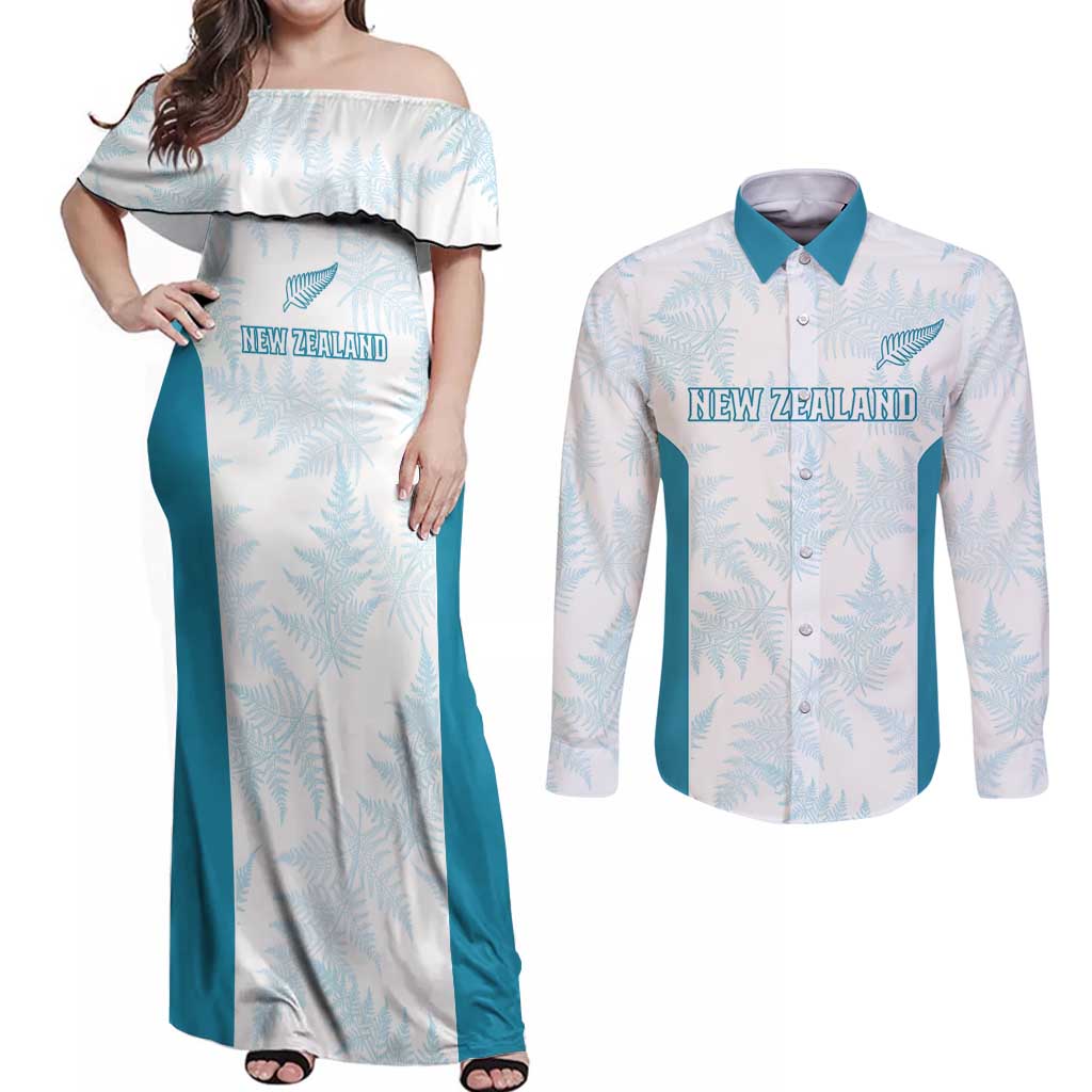 Custom New Zealand Silver Fern Football Couples Matching Off Shoulder Maxi Dress and Long Sleeve Button Shirt Come On All White