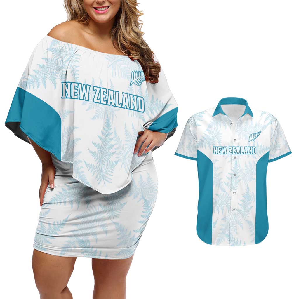 Custom New Zealand Silver Fern Football Couples Matching Off Shoulder Short Dress and Hawaiian Shirt Come On All White