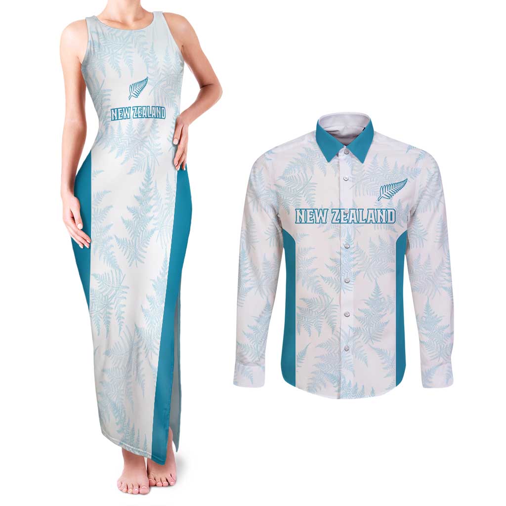 Custom New Zealand Silver Fern Football Couples Matching Tank Maxi Dress and Long Sleeve Button Shirt Come On All White