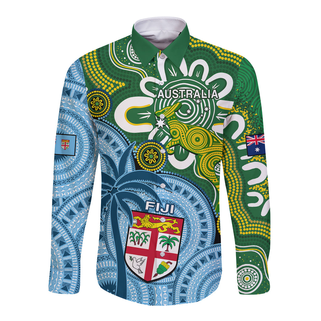 Australia And Fiji Long Sleeve Button Shirt Aboriginal Mix Fijian Tapa Unique Style LT14 Unisex Green - Polynesian Pride