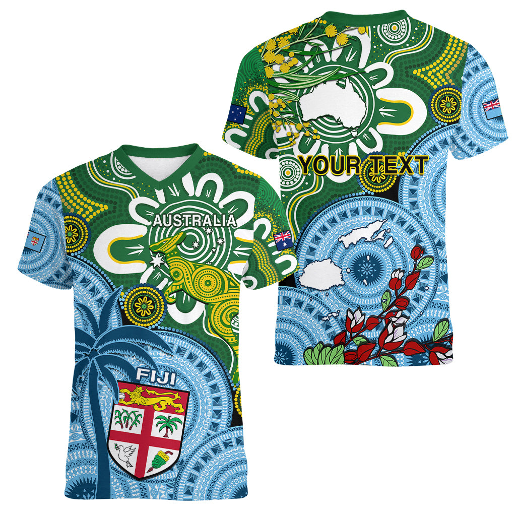 Personalised Australia And Fiji Women V Neck T Shirt Aboriginal Mix Fijian Tapa Unique Style LT14 - Polynesian Pride