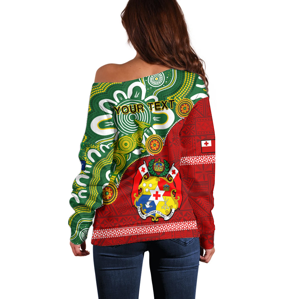 Personalised Australia And Tonga Off Shoulder Sweater Aboriginal Mix Tongan Ngatu Unique Style LT14 - Polynesian Pride