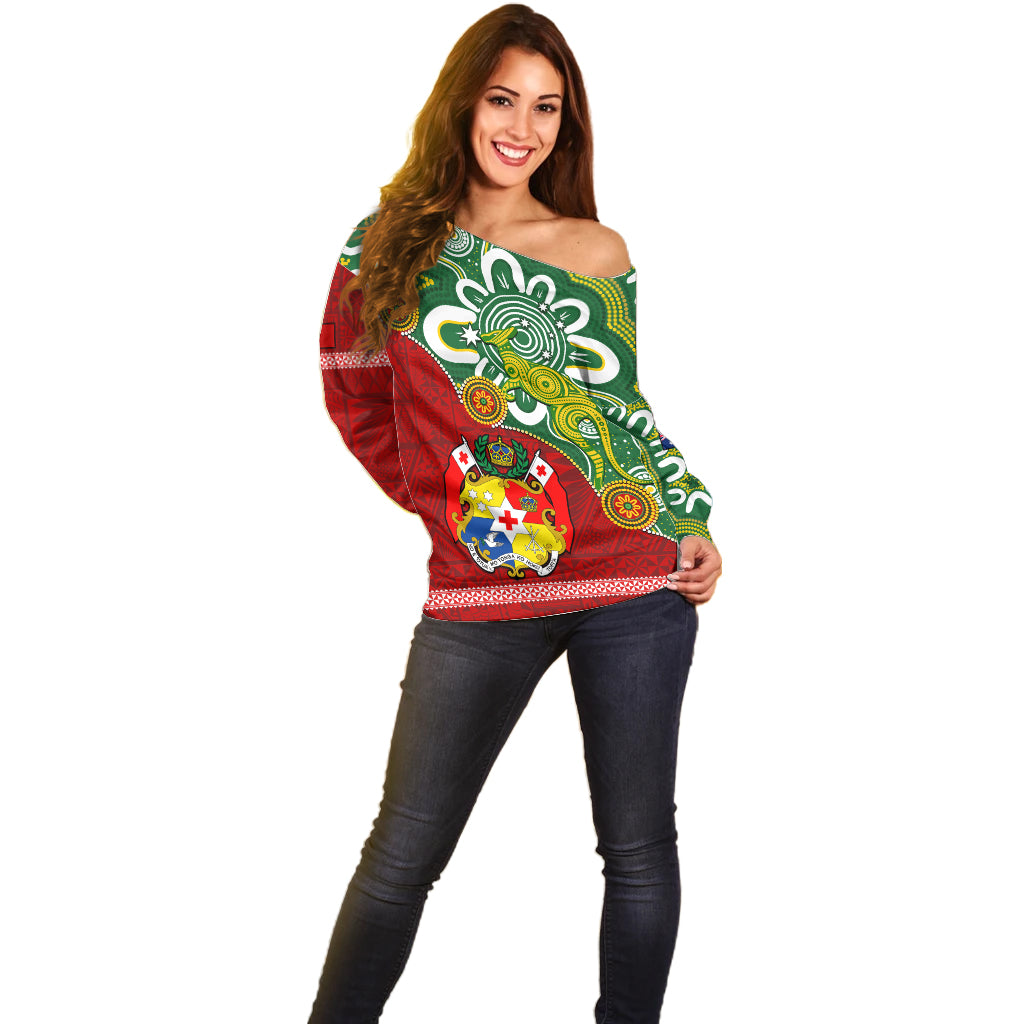Personalised Australia And Tonga Off Shoulder Sweater Aboriginal Mix Tongan Ngatu Unique Style LT14 - Polynesian Pride