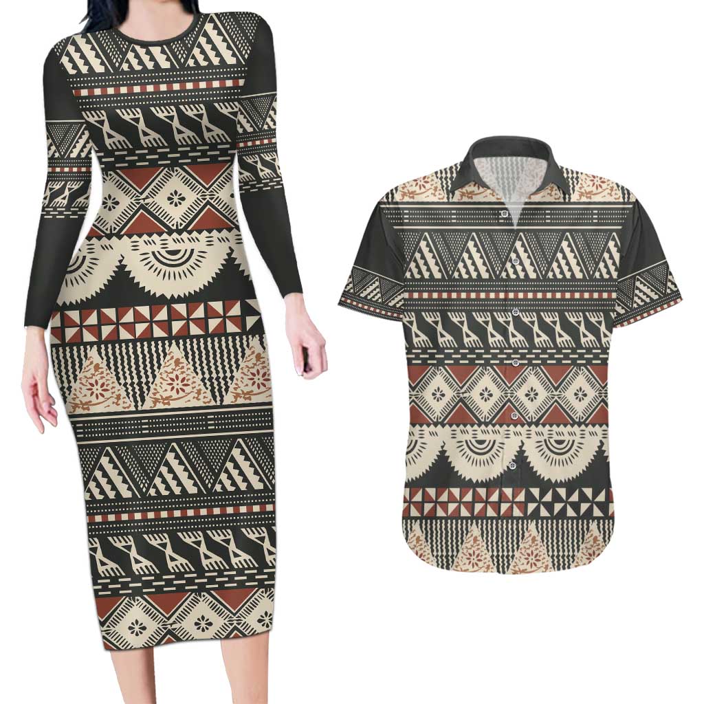 Vintage Bula Fiji Masi Couples Matching Long Sleeve Bodycon Dress and Hawaiian Shirt Fijian Tapa Cloth - Polynesian Pride
