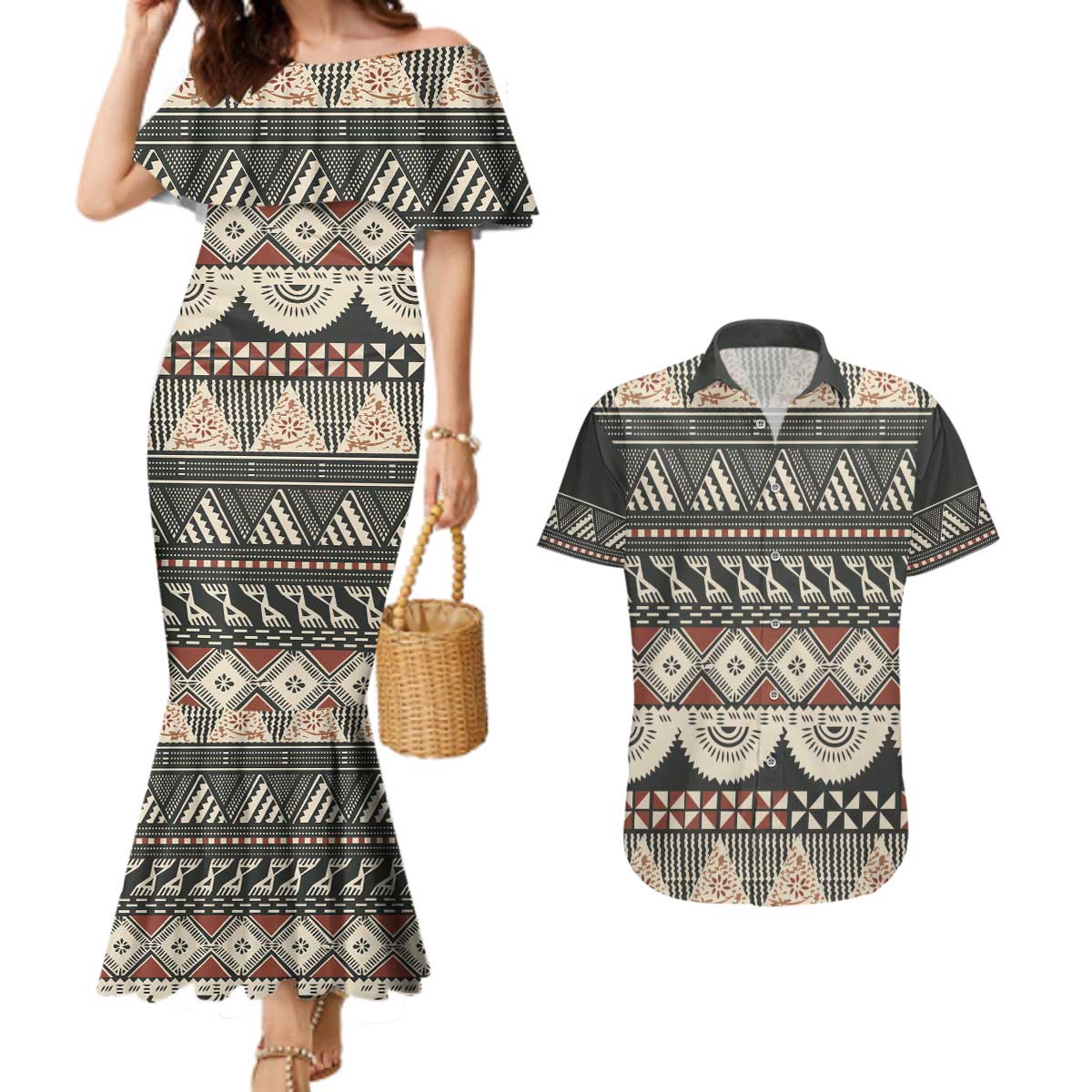 Vintage Bula Fiji Masi Couples Matching Mermaid Dress and Hawaiian Shirt Fijian Tapa Cloth - Polynesian Pride
