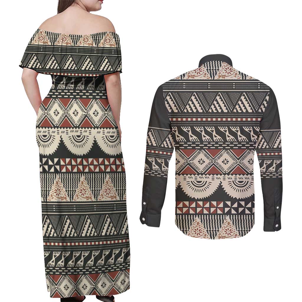Vintage Bula Fiji Masi Couples Matching Off Shoulder Maxi Dress and Long Sleeve Button Shirt Fijian Tapa Cloth - Polynesian Pride