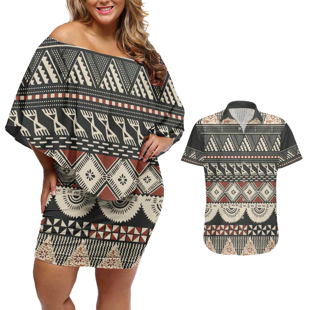 Vintage Bula Fiji Masi Couples Matching Off Shoulder Short Dress and Hawaiian Shirt Fijian Tapa Cloth - Polynesian Pride