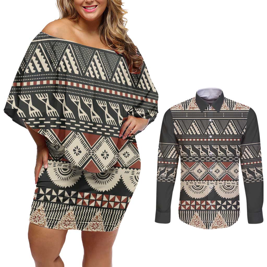 Vintage Bula Fiji Masi Couples Matching Off Shoulder Short Dress and Long Sleeve Button Shirt Fijian Tapa Cloth - Polynesian Pride
