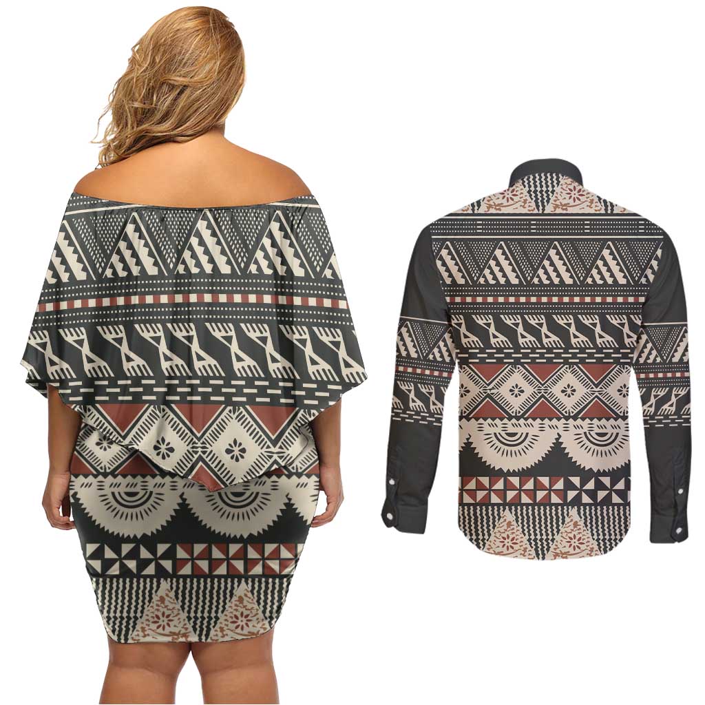 Vintage Bula Fiji Masi Couples Matching Off Shoulder Short Dress and Long Sleeve Button Shirt Fijian Tapa Cloth - Polynesian Pride