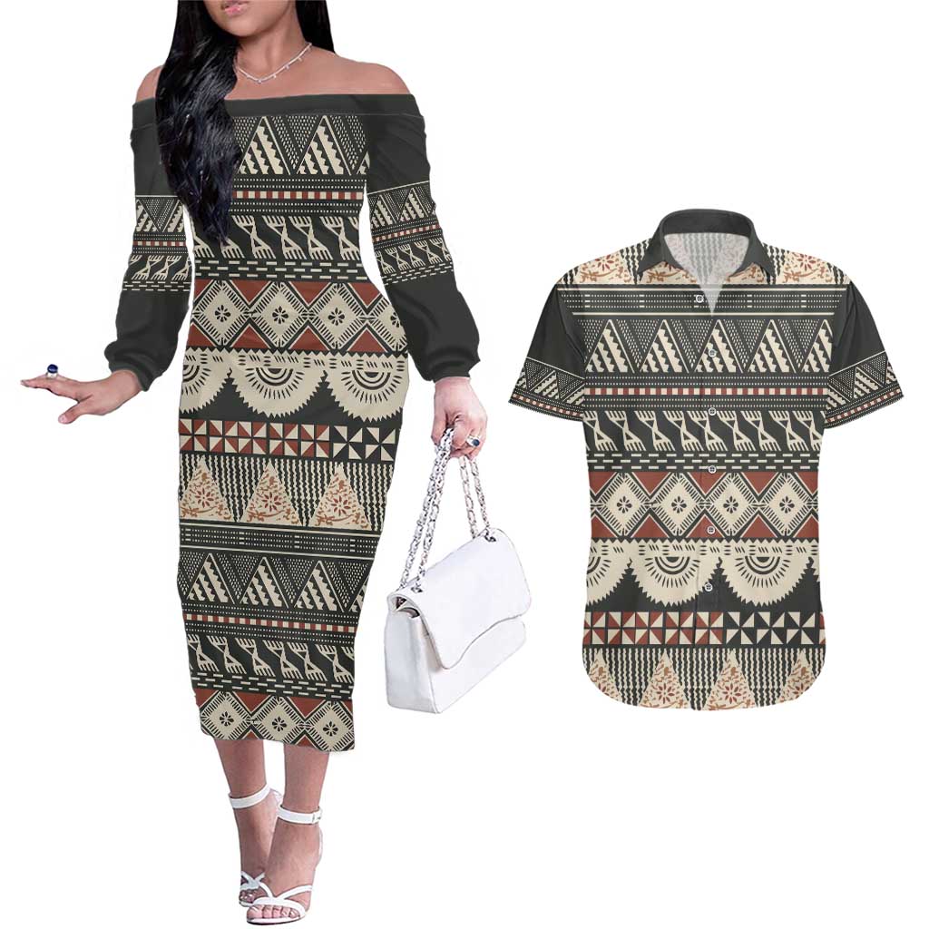 Vintage Bula Fiji Masi Couples Matching Off The Shoulder Long Sleeve Dress and Hawaiian Shirt Fijian Tapa Cloth - Polynesian Pride