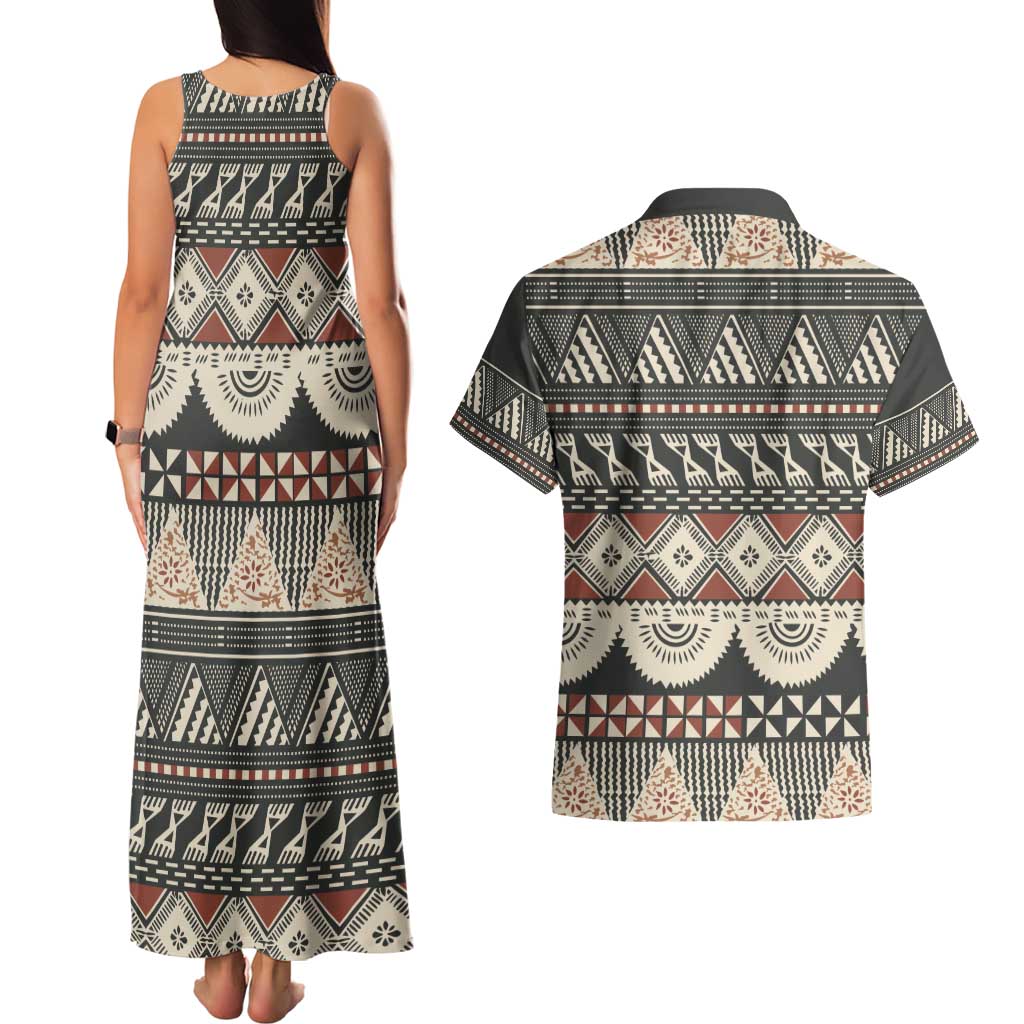 Vintage Bula Fiji Masi Couples Matching Tank Maxi Dress and Hawaiian Shirt Fijian Tapa Cloth - Polynesian Pride