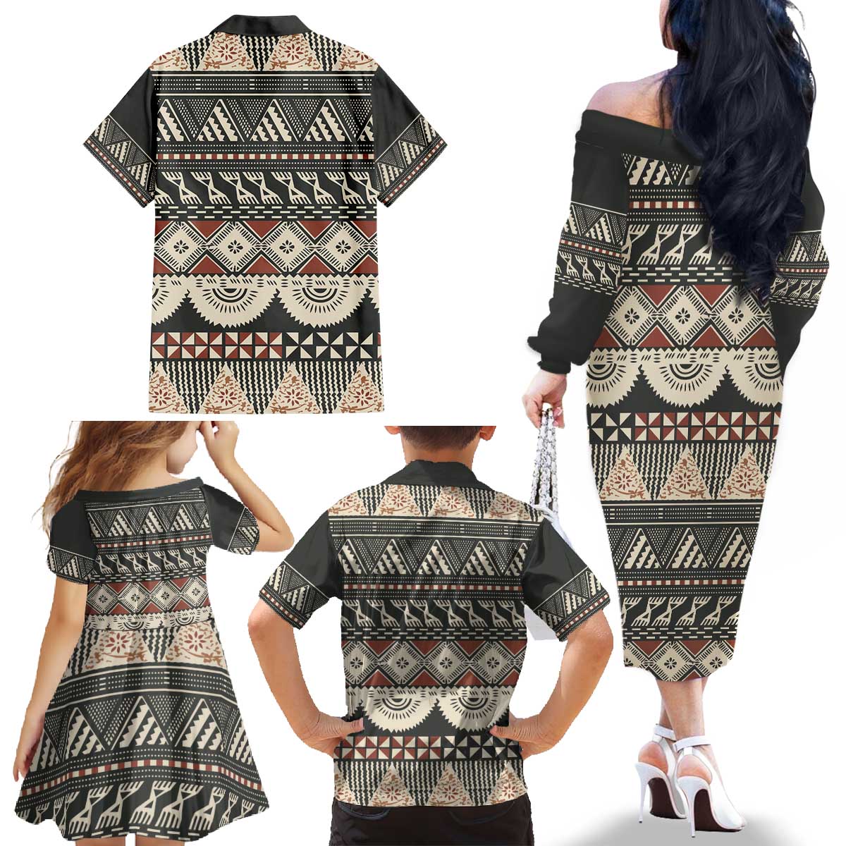 Vintage Bula Fiji Masi Family Matching Off The Shoulder Long Sleeve Dress and Hawaiian Shirt Fijian Tapa Cloth - Polynesian Pride