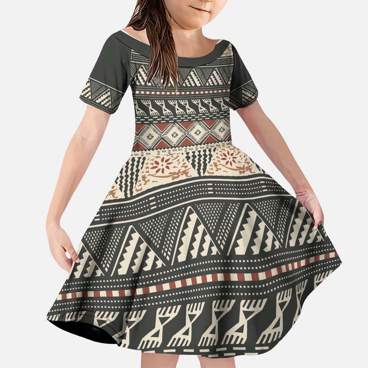 Vintage Bula Fiji Masi Kid Short Sleeve Dress Fijian Tapa Cloth - Polynesian Pride