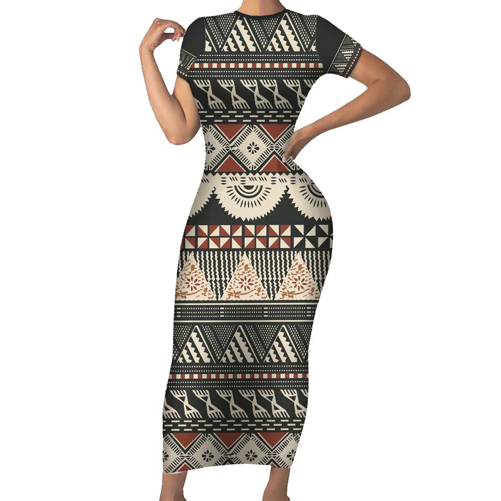 Vintage Bula Fiji Masi Short Sleeve Bodycon Dress Fijian Tapa Cloth - Polynesian Pride