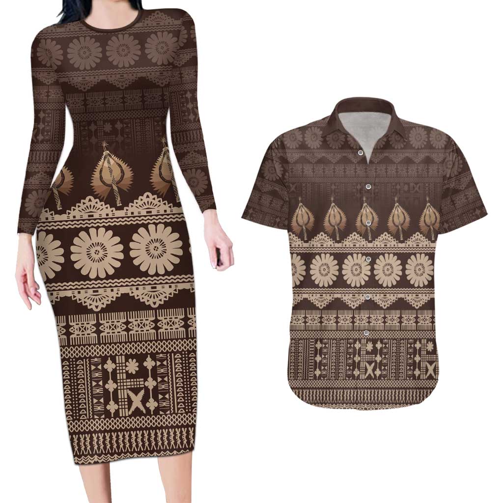 Bula Fiji Iri ni Meke Couples Matching Long Sleeve Bodycon Dress and Hawaiian Shirt Kuvui Fijian Masi - Polynesian Pride