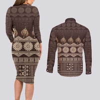 Bula Fiji Iri ni Meke Couples Matching Long Sleeve Bodycon Dress and Long Sleeve Button Shirt Kuvui Fijian Masi - Polynesian Pride