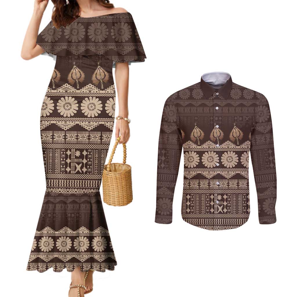 Bula Fiji Iri ni Meke Couples Matching Mermaid Dress and Long Sleeve Button Shirt Kuvui Fijian Masi - Polynesian Pride