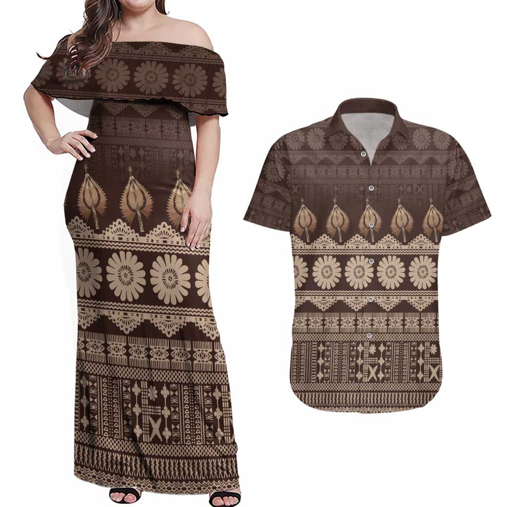 Bula Fiji Iri ni Meke Couples Matching Off Shoulder Maxi Dress and Hawaiian Shirt Kuvui Fijian Masi - Polynesian Pride
