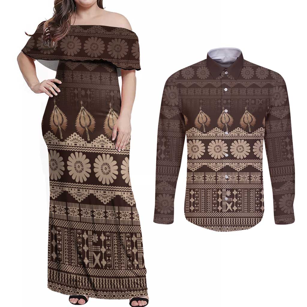 Bula Fiji Iri ni Meke Couples Matching Off Shoulder Maxi Dress and Long Sleeve Button Shirt Kuvui Fijian Masi - Polynesian Pride