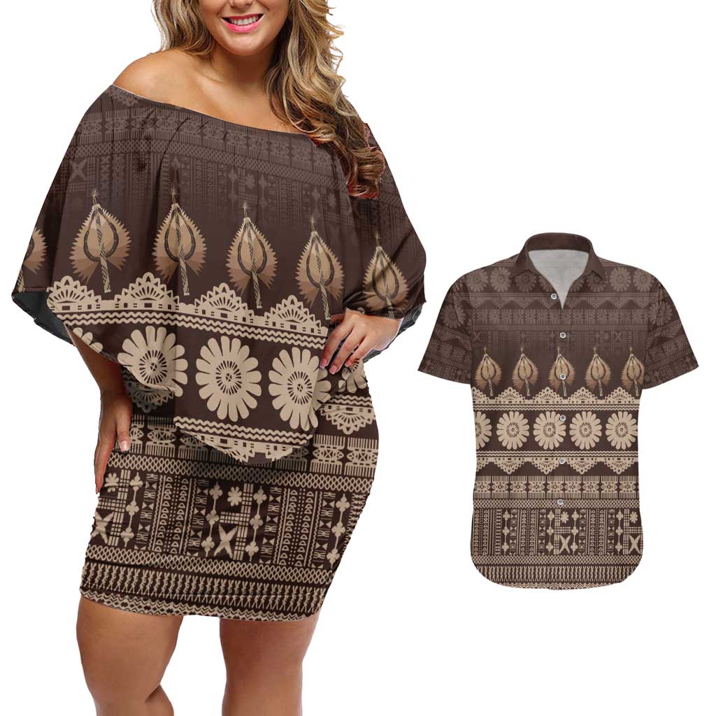 Bula Fiji Iri ni Meke Couples Matching Off Shoulder Short Dress and Hawaiian Shirt Kuvui Fijian Masi - Polynesian Pride