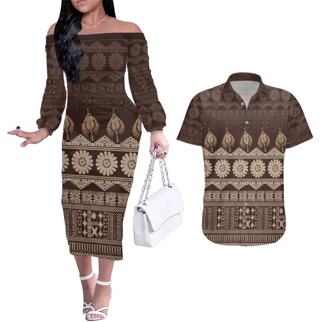 Bula Fiji Iri ni Meke Couples Matching Off The Shoulder Long Sleeve Dress and Hawaiian Shirt Kuvui Fijian Masi - Polynesian Pride