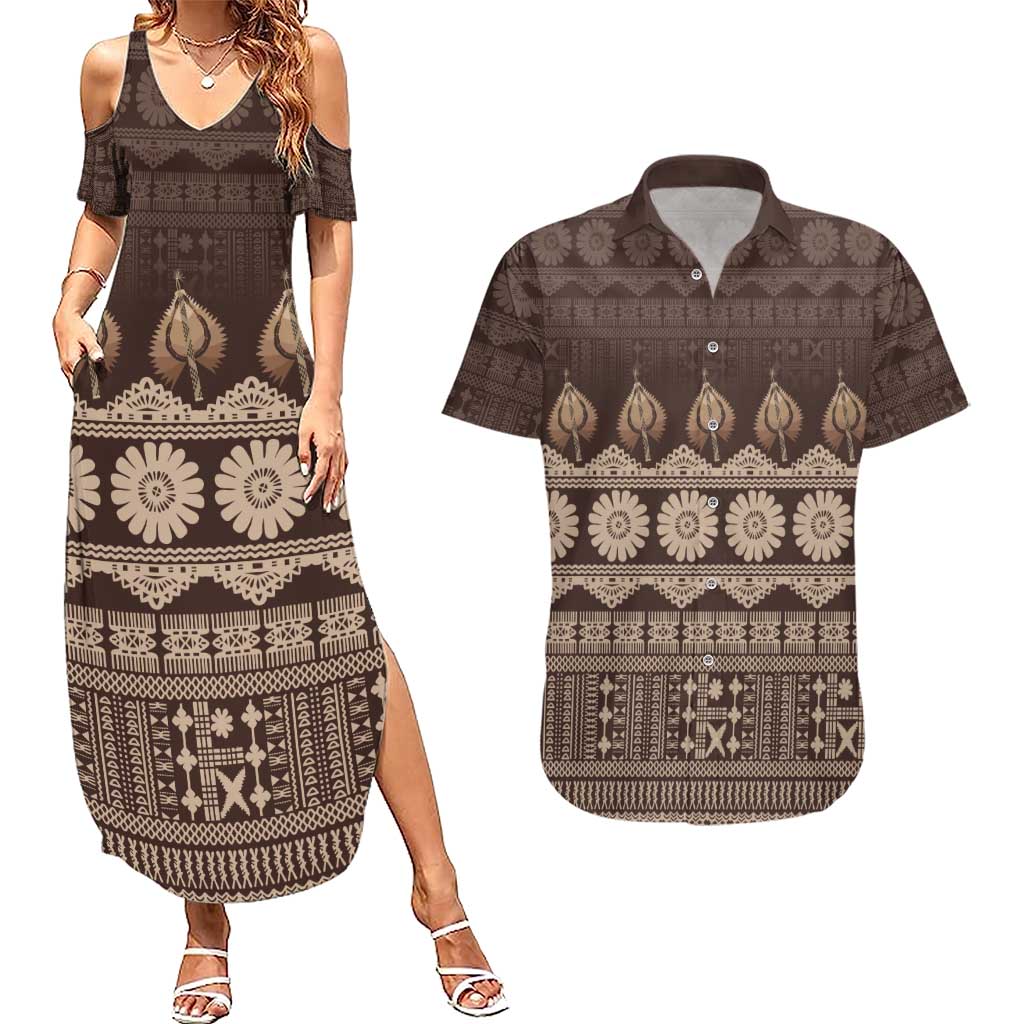 Bula Fiji Iri ni Meke Couples Matching Summer Maxi Dress and Hawaiian Shirt Kuvui Fijian Masi - Polynesian Pride