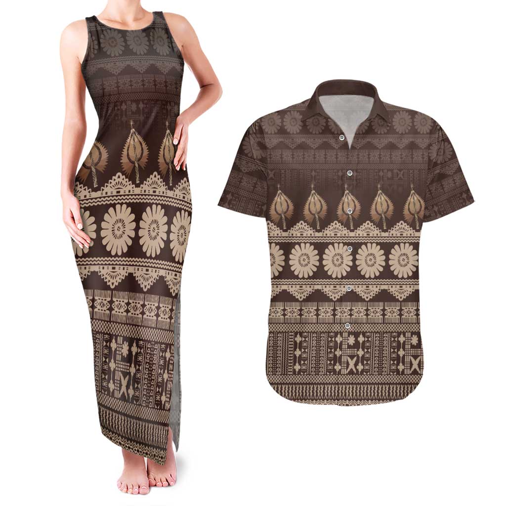 Bula Fiji Iri ni Meke Couples Matching Tank Maxi Dress and Hawaiian Shirt Kuvui Fijian Masi - Polynesian Pride